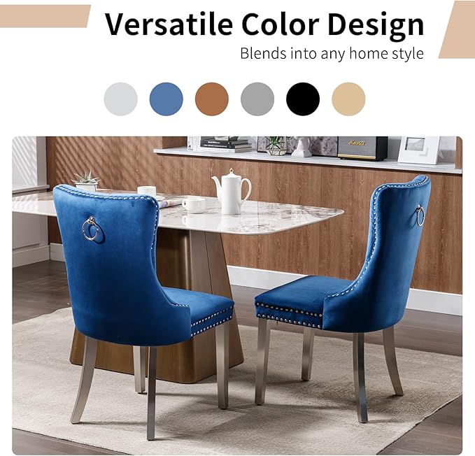 Luxury Upholstered Dining Chairs Set of 6, Blue Kitchen Chair with Silver Metal Legs, Velvet Tufted Back Dining Chair, Sillas de Comedor, Modern Kitchen & Dining Room Chairs (Blue, 6 Pcs)