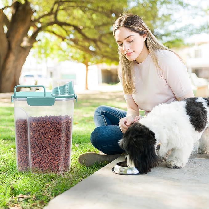 5-7Lbs Dog Cat Food Storage Container with Upgraded Large Nozzle BPA-free, 4 Snap Seals Plastic Pet Food Storage Containers with Handles (2, Elegant Blue, 5L)