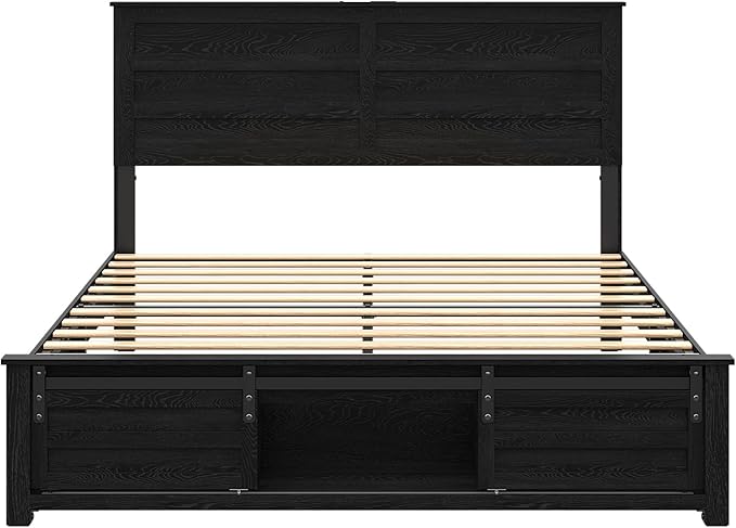 Wooden Bed Frame Queen Size with Headboard & Sliding Barn Door Storage Footboard, Farmhouse Platform Bedframe with Charging Station, No Box Spring Needed (Black, Queen)