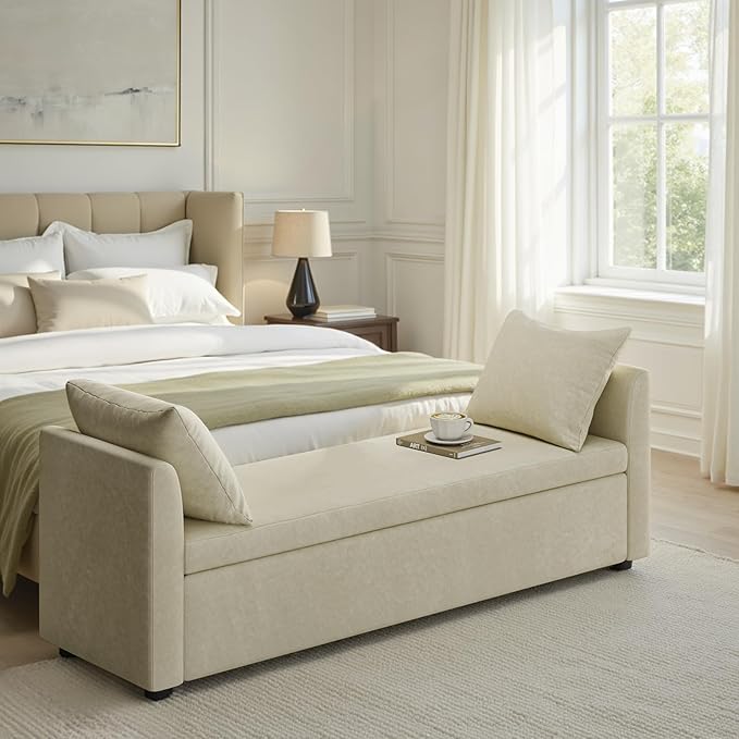 HULALA HOME Modern Storage Bench with Throw Pillows, 59.4" Extra Long Bedroom Ottoman Bench for End of Bed, Comfy Upholstered Footstool for Entryway Dining Room Living Room, Beige