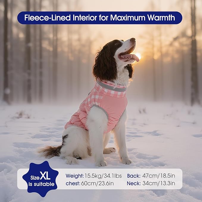 FUAMEY Dog Coat for Large Dogs,Waterproof Dog Winter Jacket with Harness Built in Puppy Cold Weather Coats Reflective Pet Vest with Zipper Warm Fleece Dogs Snowsuit Windproof Pink Plaid XL