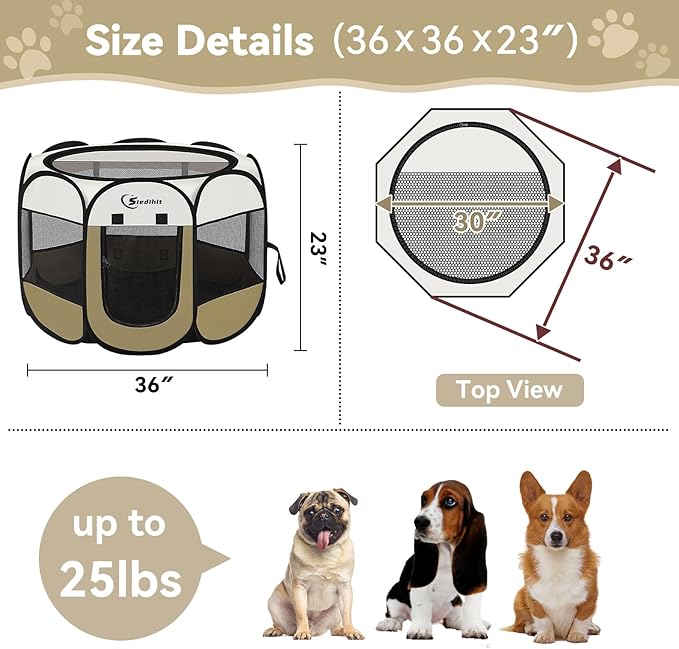 Pink Puppy Playpen for Middle Dog Cat, Dogs Tent Crate Cage Indoor/Outdoor, Portable Pop Up Dog Kennel with Carrying Bag for Rabbits, Removable Top (Coffee, Medium (36" x 36" x 23"))