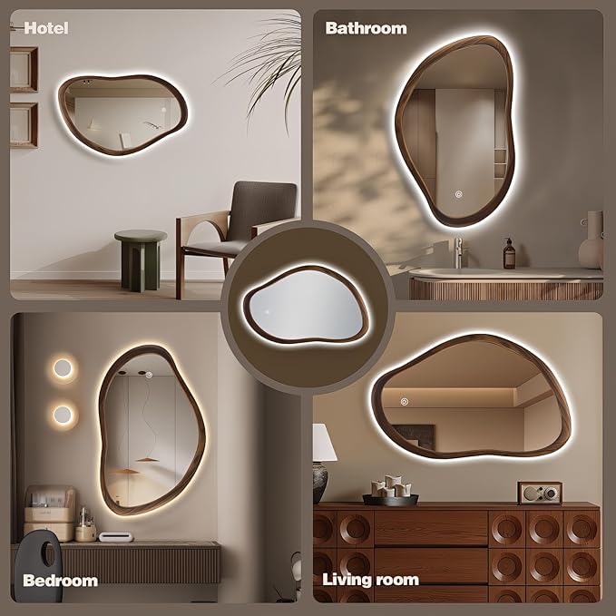Wood Framed Led Mirror for Bathroom, 35"x24" Irregular Vanity Mirror with Lights, Anti-Fog Backlit Mirror with 3 Colors Dimmable, Memory Function, CRI95+, Horizontal/Vertical, Walnut