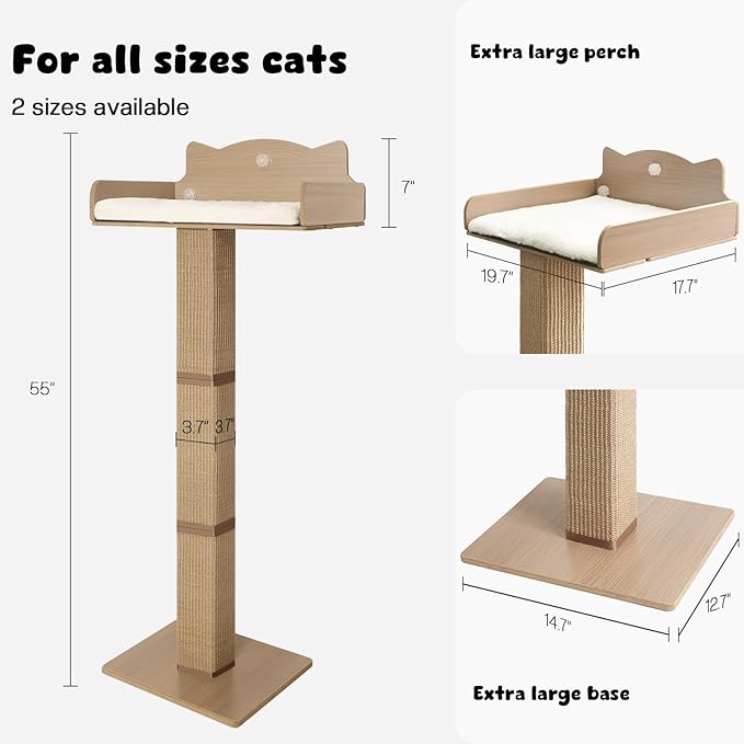 Cat Window Perch with Thick Sisal Scratching Post, Cats Hammock for Window with 3 Upgrade Suction Cups, 55" Adjustable Tall Cat Scratching Post with Large Perch, Cats Window Bed with Fuffy Cushion