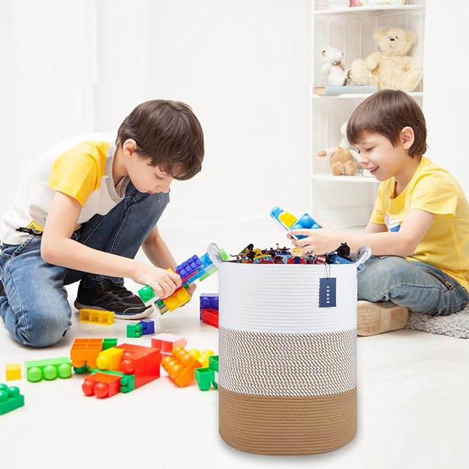 COMSE Extra Large Blanket Basket, Tall Woven Storage Basket, Nursery Hamper, 15.7”x 21.7”, Cotton Rope Laundry Hamper for Toys Clothes Towels, White/Camel