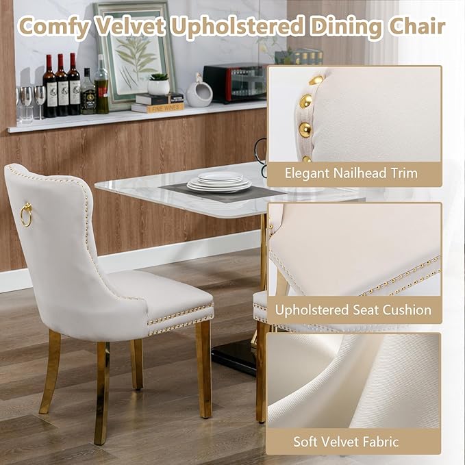 Goujxcy 5 Piece Round Glass Dining Table Set for 4, 47" Round Dining Table & Chair Set Modern Circle Glass Kitchen Table and 4 Velvet Upholstered Chairs for Kitchen Dining (Gold Table & Beige Chair)