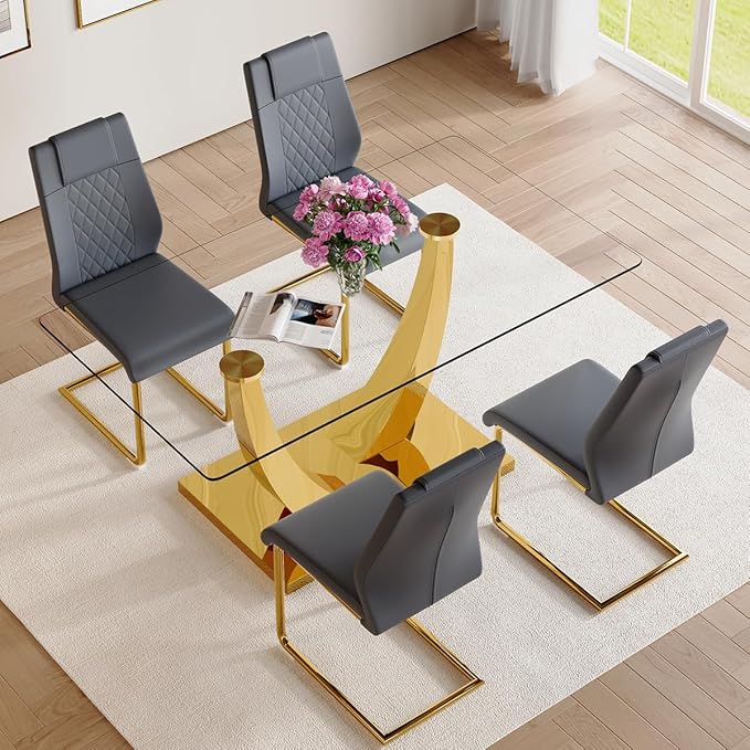 AZmac 63" Glass Dining Table Set for 4,Luxury Gold Dining Room Set with Stainless Steel Pedestal, Rectangular Tempered Glass Kitchen Table with PU Leather Chairs, for Kitchen Apartment