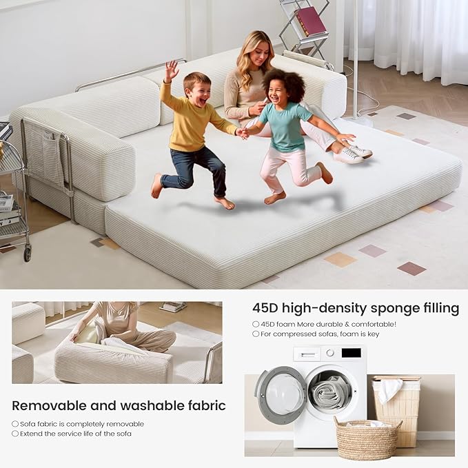 Folding Sofa Bed Convertable Corduroy Couch King Size Floor Sleeper 4-in-1 DIY Combination Modular Sofa Fold Out Futon Lounge Comfy Foldable Lazy cama for Living Room (Beige, 80.15'')