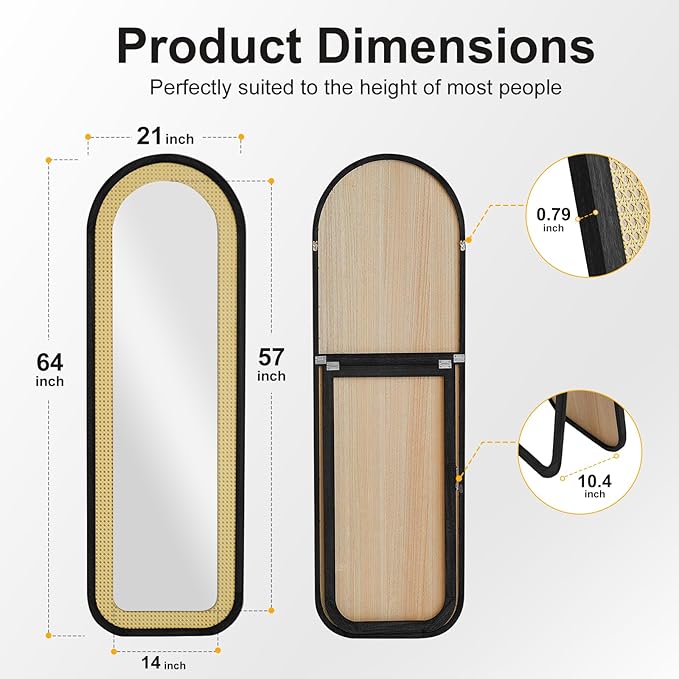 Arched Full Length Mirror with Solid Wood Frame & Rattan Panel, 64"x21" Rustic Wall Mounted Floor Mirror - Free Standing, Leaning Against Wall, Wall-Mounted for Bedroom Living Room (Black)