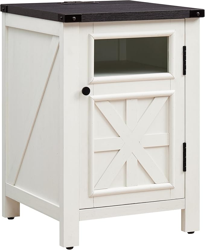 ACCOHOHO Farmhouse End Table with Charging Station,18'' Sofa Side Table,Nightstand with Barn Door,Bedside Table with Adjustable Shelf for Living Room, Bedroom, Office (White)