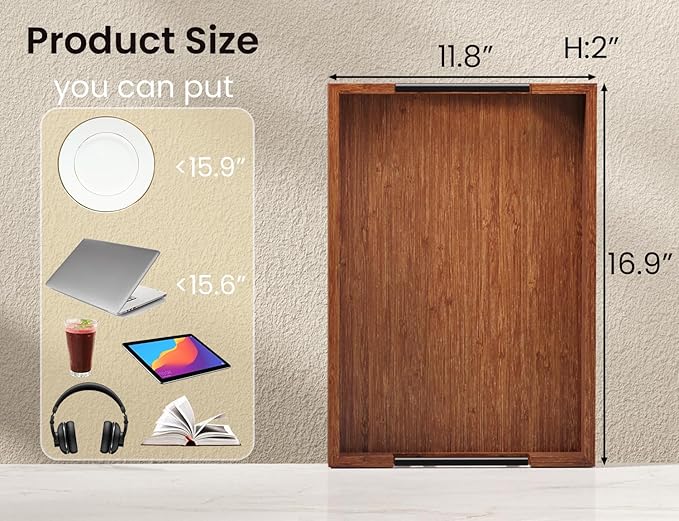 Bamboo Serving Tray with Metal Handles,17x12in Ottoman Decorative Trays Platter for Coffee Table,Living Room,Bar,Party,Large(Brown)