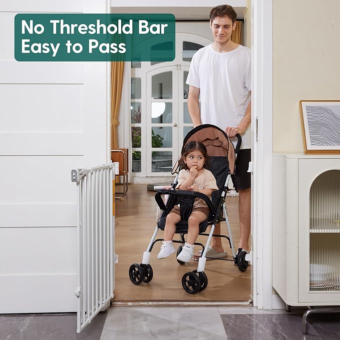Babelio Baby Gate for Stairs, Kitchen & Doorways, 26-41" W 34" H Extra Tall| No Bottom Bar| Easy Installation| One-Handed Operation| Auto-Close| Hardware Mount Safety Dog/Pet Gate Indoor (White)