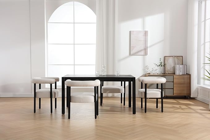 Mid-Century Modern Dining Chairs Set of 6, Armrest Barrel Dining Chairs Side Accent Chairs with Curved Back, Upholstered Wood Armchairs for Kitchen, Linen Beige