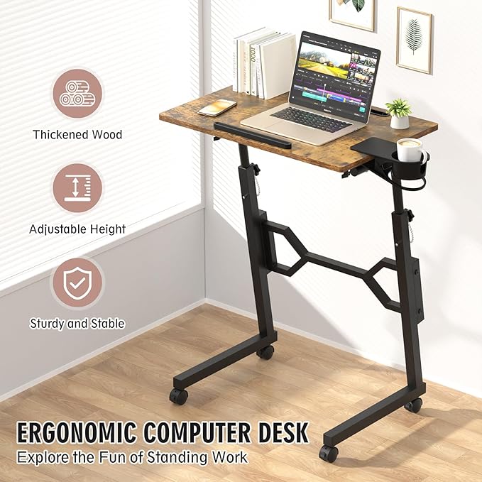 Small Standing Desk with Wheels, Portable Treadmill Desk, Rolling Desk Adjustable Height for Laptop, Mobile Standing Table for Walking Pad, Bedside Table