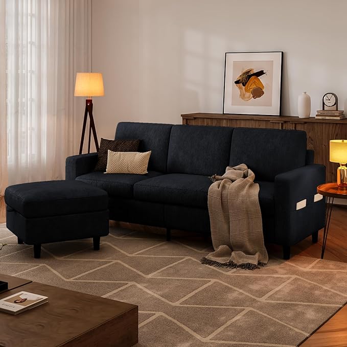 Sectional Couches for Living Room, L Shaped Couch with Storage Ottoman, Small Sofa Corduroy Couch with Side Pockets, Modern 3 Seater Convertible Sofa for Apartment, Office, Black