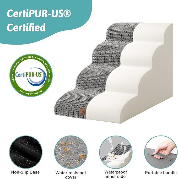 Dog Stairs for Small Dogs 19.7" H, Curved Dog Step for Puppy, Older or Cat, Medium Pet Ramp for Sofa, Couch or Bed, Ladder with High Density Foam, 15.7x28.3x19.7 inch, 4 Step, Dark Grey