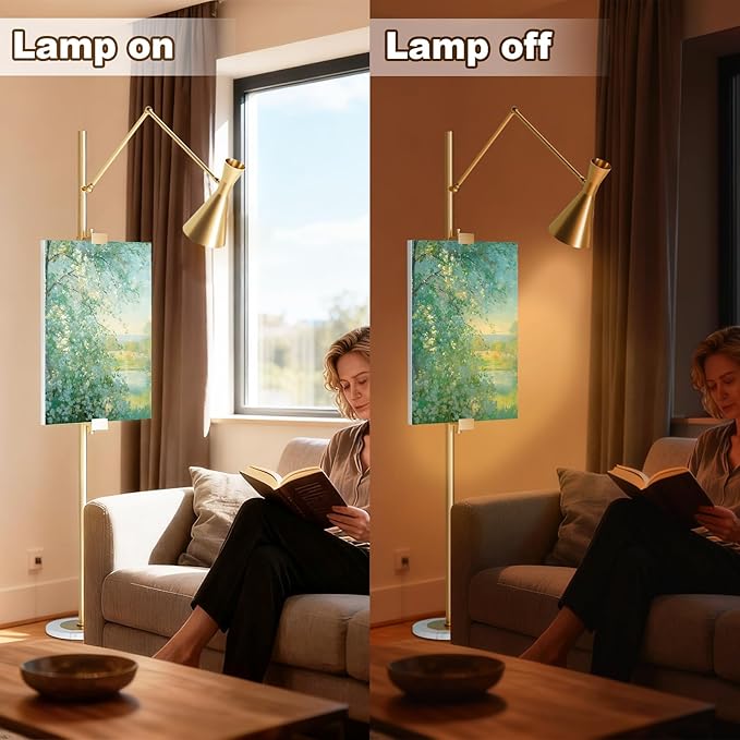 Metal Floor Lamp with Easel, Adjustable 360° Swing-Arm Standing Lamps, 67in Tall Lamp with Marble Base for Living Room, Painting Rooms, Bedroom, Offices, Courtyards, Gold