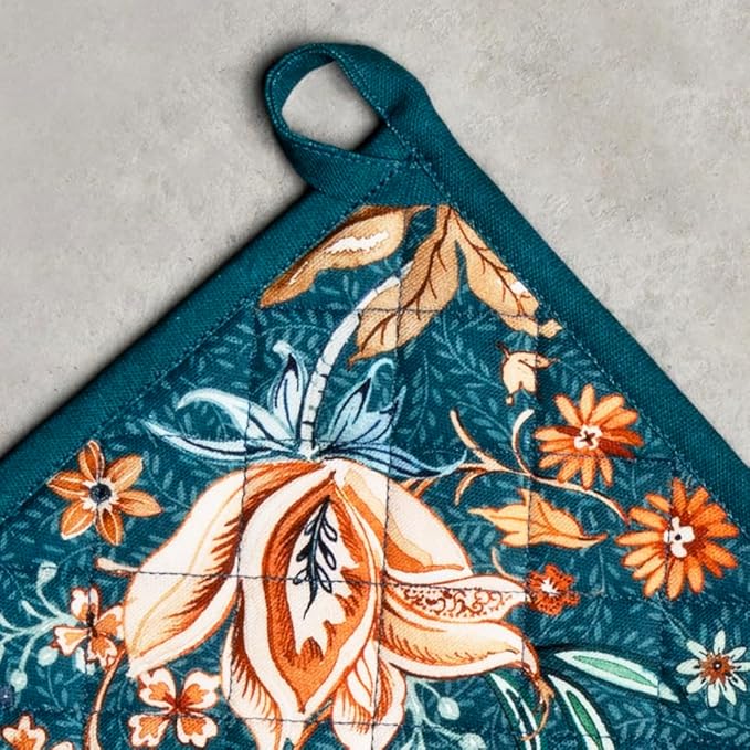 Maison d' Hermine Pot Holders 100% Cotton Heat Resistant Potholders 8" x 8" Hot Pads with Loop for Thanksgiving Christmas Decorations Baking Handling Hot Pans (Pack of 1, Luxury Loft - Dark Teal)