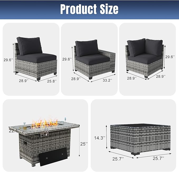 Aoxun 7 Pieces Patio Furniture Set with 40” Fire Pit Table Wicker Rattan Outdoor Sectional Conversation Set with Coffee Table and 4” Thickened Cushions, Blue(Waterproof Cover Included)