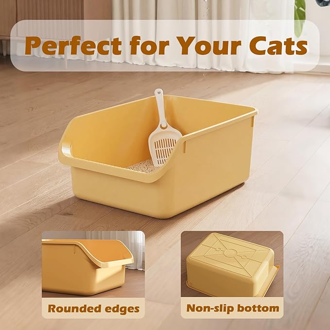 Large Cat Litter Box with High Sides,Cat Boxes for Indoor Cats,Cat Litter Pan for Kitty,Litter Box with Low Entry,Anti-Splashing,Easy to Clean (Yellow)