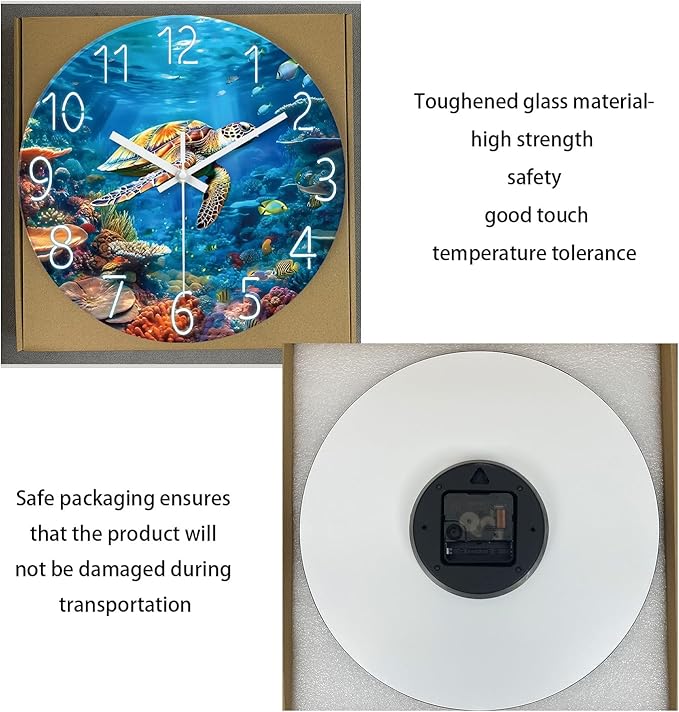 XNM Sea Turtle Glass Battery Powered Clock 14 Inch Ocean Blue Analog Clock for Bathroom Round Silent Wall Clock Non Ticking