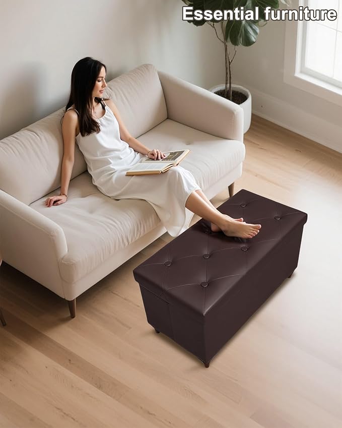 GLAXYFUR 30 Inches Storage Ottoman Bench with Wooden Legs, Faux Leather Folding Ottoman Foot Rest, Storage Bench for Living Room, Hallway & Bedroom, Upgrade Large Capacity (Engineered Wood, Brown)