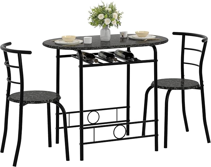 VECELO 3-Piece Dining Table Set for Kitchen Breakfast Nook, Wood Grain Oval Tabletop and Metal Frame with Built-in Wine Rack, for Small Spaces, Faux Marble & Black