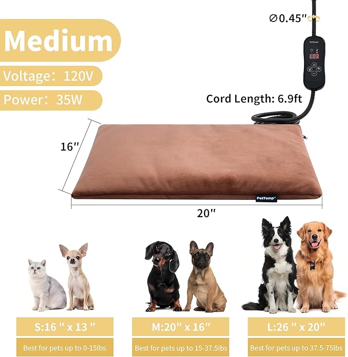 Upgraded Pet Heating Pad, 5 Adjustable Temperature & Timer, Warm Dog Cat Heating Pad, Auto Power-Off, Waterproof Chew-Resistant (M:20'' x 16'')