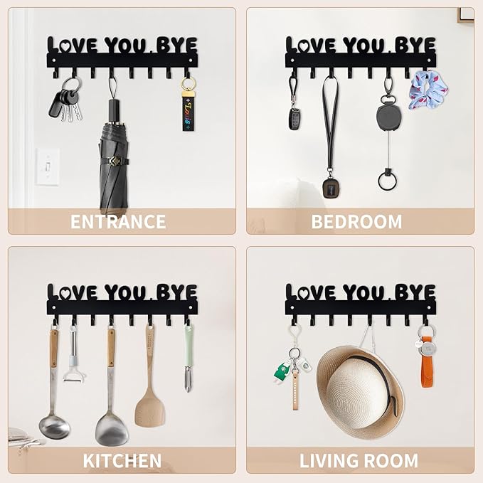 Key Holder for Wall, Key Hooks with 8 Hooks, Key Holder Wall Mount Self Adhesive, Key Rack for Wall No Drill for Entryway, Front Door, Hallway, Living Room (Black-Love You Bye)