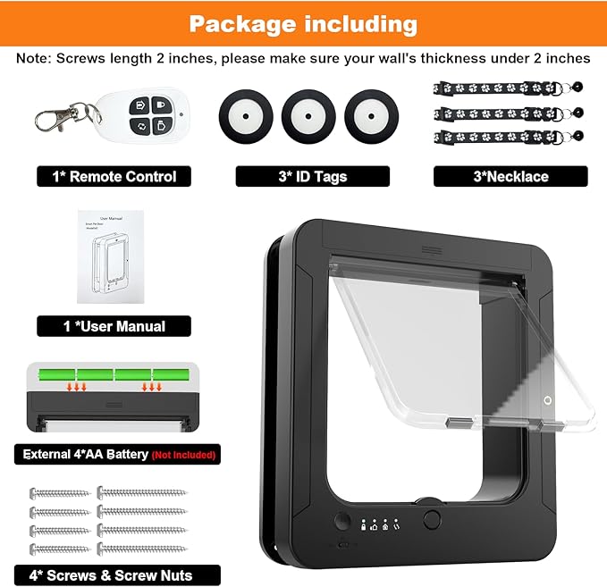 Smart Cat Door with 3 Collar Sensor, RFID Cat Door Collar Activated with Remote Control, 4 Way Locking Cat Flap Automatic Pet Door