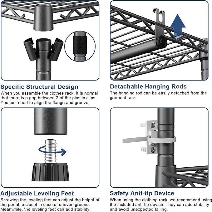 Ulif E12 Clothes Rack,Heavy Duty Freestanding Garment Rack with Shelves,Metal Clothing Closet Storage System for Hanging Clothes,71" W x 16" D x 76.5" H, Hold 960 lbs,Grey
