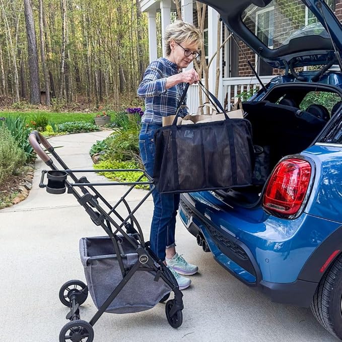 Strolee Personal Luxury Folding Shopping Cart On Premium Wheels – Ultra Lightweight Aluminum Frame – Removable Shopping Bag with Carry Strap & Lower Grocery Storage 75Lbs Capacity (Shadow v2)