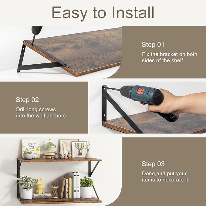 12 Inch Deep Floating Shelves, 30W x 12D Wall Shelves with Brackets, Floating Shelves 30 Inch Long, Rustic Wood Wall Shelf, Wide Storage Display Shelf for Kitchek, Living Room, Bathroom, Rustic Brown