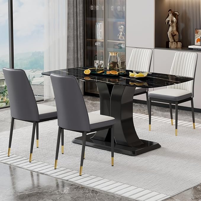 Modern Dining Table Set for 4, Marble Kitchen Table Chair Set for 4, Rectangular Kitchen Table with PU Leather Upholstered Chair for Dining Room (Off White-C)