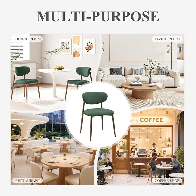 Dining Chairs Set of 6, Upholstered Dining Room Chairs with Metal Legs and Anti Slip Pads, Curved Back Kitchen Chair for Home and Restaurant Use, Green