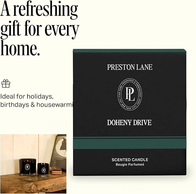 Preston Lane Luxury 3-Wick Scented Candle, Doheny Drive, 24 oz Hand-Poured in USA | Long Burn Time (40–50 Hrs), Vegan Soy Wax Blend, Decorative Ceramic Vessel, Fine Italian Fragrance