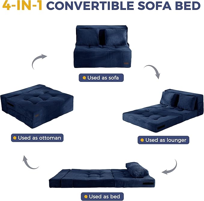 MAXYOYO Convertible Sofa Bed, Fold Out Sleeper Sofa with Pillow, 4 in 1 Tufted Folding Couch Bed Foam Floor Couch, Lazy Chair for Living Room Bedroom Guest Room, Navy