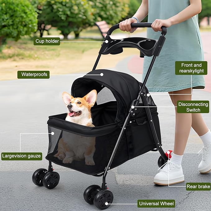Pet Stroller, Dog Stroller for Small and Medium Dogs Cats with 360° Wheels, Folding Puppy Strollers with Dual Brake, Large Storage Basket, Breathable Mesh, Cup Holder, Removable Top (Navy Blue)