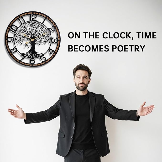 Tree of Life Wall Clock, 24Inch Metal Black Family Tree Oversized Wood Wall Clocks for Living Room Bedroom Home Decor, Modern Silent Mid-Century Battery Operated