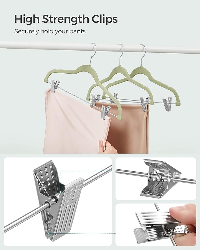 SONGMICS 30-Pack Pants Hangers, 16.7-Inch Long Velvet Hangers with Adjustable Clips, Heavy-Duty, Non-Slip Skirt Hangers, Space-Saving for Pants, Skirts, Coats, Dresses, Pale Green UCRF012GR30