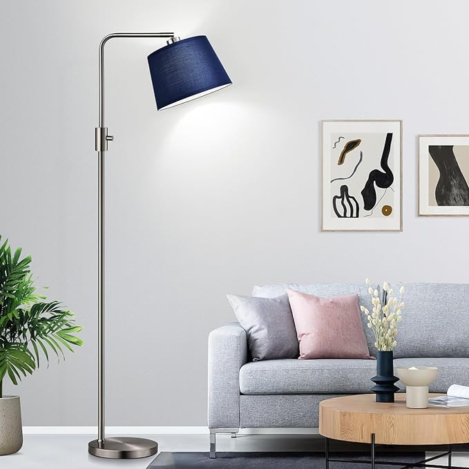 Nintiue Dimmable Floor Lamp, 1000 Lumens LED Edison Bulb Included, Brushed Nickel Arc Standing Tall Floor Lamp with Blue Shade for Living Room Bedroom Office Dining Room
