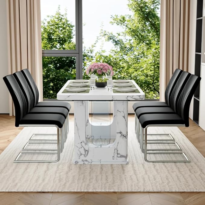 64.5" White Dining Table Set for 6, Modern Kitchen Table and Chairs Set with PU Leather Cushioned Chairs & Decorative Pedestal Base, 7 Piece Marble Pattern Dining Table Set for Dining Room or Kitchen
