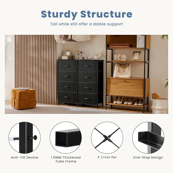 DUMOS Nightstand with 4 Drawers Bedside Table with Removable Fabric Bins Sturdy Steel Frame Wood Top Organizer Furniture for Bedroom Closet Living Room