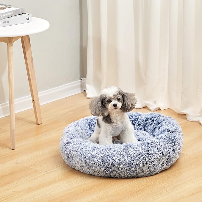 Bedfolks Calming Donut Dog Bed, 23 Inches Round Fluffy Dog Beds for Small Dogs, Machine Washable Anti-Anxiety Plush Puppy Bed(Navy Blue, Small)