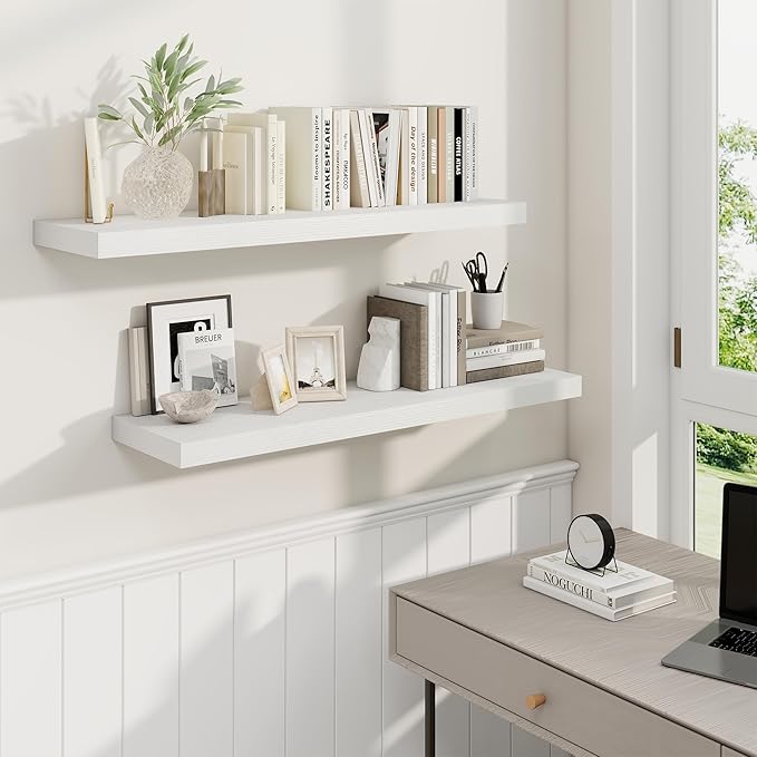 Fun Memories 36 Inch Floating Shelves, 9.3 Inch Deep Rustic Wall Shelves - Extra Deeper Wall Mounted Storage Shelves for Bathroom, Kitchen, Living Room (White, Set of 2)