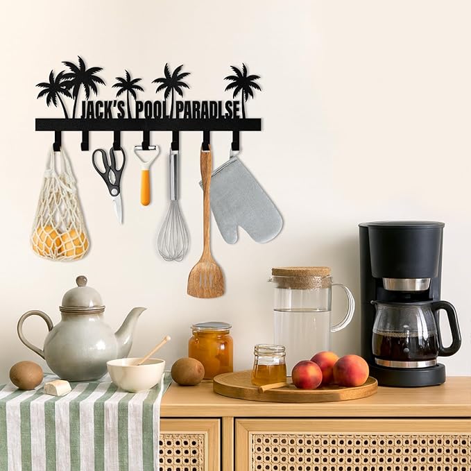 Personalized Key Holder for Wall, Beach Theme Key Holder Wall Mount with Hooks, Coconut Trees Key Hanger Wall Decor for Pool Bathroom Hallway Entryway Office, Customized Home Decor Gifts Color08