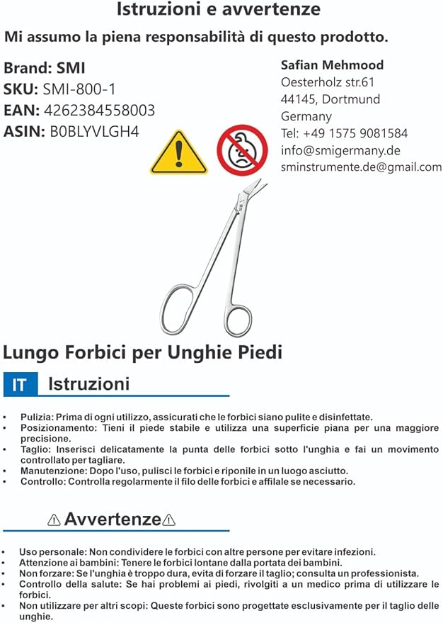 SMI 18 cm Long Handle Toenail Scissors for Seniors - Podiatrist Clippers for Disabled, Thick & Ingrown Nails - Stainless Steel Cutters