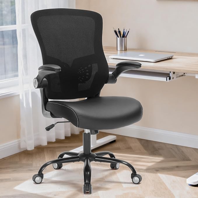 Office Chai PU Leather Cushion, Ergonomic Desk Chair with Flip-Up Arms, 300 LBS Home Office Desk Chairs Adjustable Seat Height & Lumbar Support, Executive Comfy Swivel Task Computer Chair