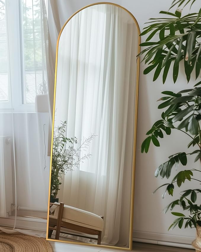 Full Length Mirror, 58"x18" Arched Floor Mirror Freestanding, Floor Standing Full Body Mirror with Stand for Bedroom, Hanging Mounted for Living Room Cloakroom, Gold