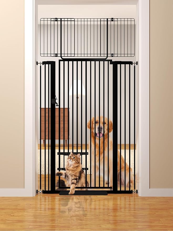 71" Extra Tall Cat Gate 29.5-40.6 Wide Pet gate with Small Cat Door,Pet Gate NO Drilling Pressure Mount Kit for Cats and Dogs Indoor Doorways liveing Room Bedroom-Black